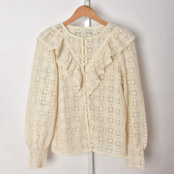 Blusa Elegante de Encaje con Bordado de Flor de Loto, Manga Larga Estilo Francés