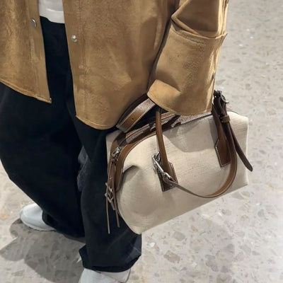 Bolso Casual de Cuero Bowling con Contraste de Lino Premium - Image 3