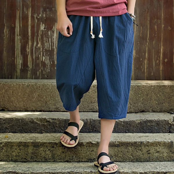 Pantalones Cortos Lino y Algodón Estilo Asiático Cintura Alta Pierna Ancha