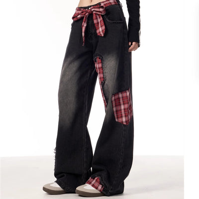 Pantalones Jeans Rectos Anchos para Mujer con Cuadros y Moño