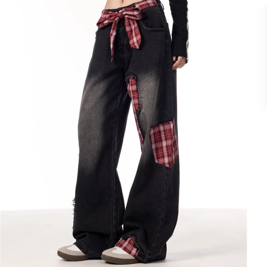 Pantalones Jeans Rectos Anchos para Mujer con Cuadros y Moño
