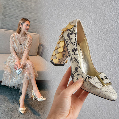 Zapatos de Tacón Grueso Estampado en Cuero Tallas Grandes
