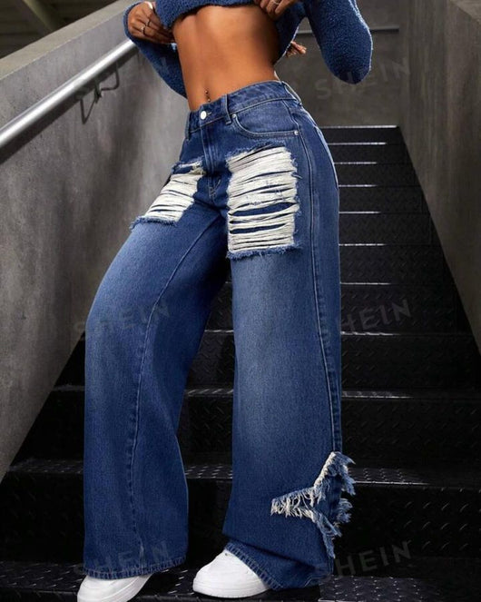 Jeans Rectos Anchos con Detalles de Parches y Flecos - Image 10