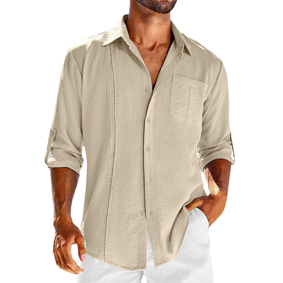 Camisa Polo Casual de Manga Larga con Bolsillo y Cuello Encaje para Hombre