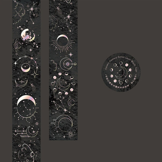 Retro laser washi tape with holographic postal stamps, airmail markings, and travel-themed text on a brown background. - Image 13