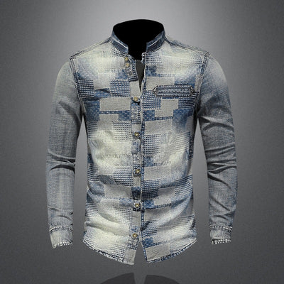 Camisa Denim Punk con Parches de Colores Retro para Hombre - Image 6