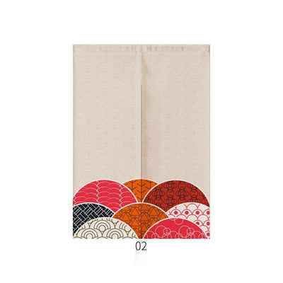 Japanese style noren door curtain with two red and blue Ukiyo-e koi fish on a cream wave pattern background. - Image 28