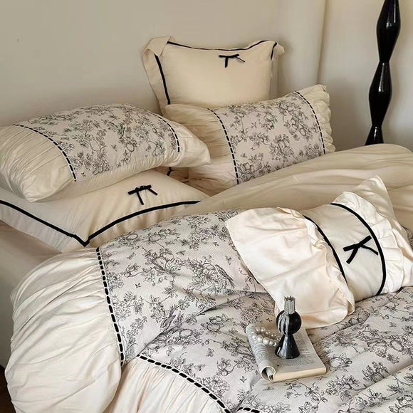 Juego de Cama Vintage Francés Térmico de 4 Piezas con Encaje