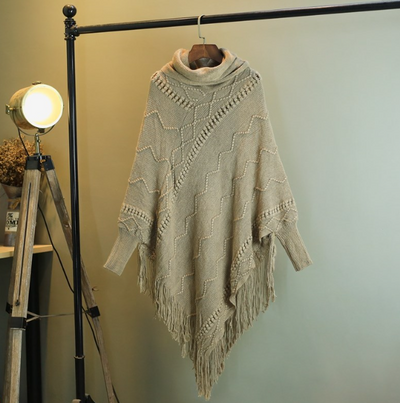 Poncho Tejido Cuello Alto con Flecos - Abrigo Cálido para Otoño e Invierno - Image 9