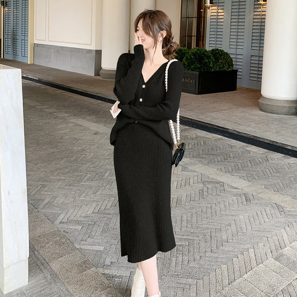 Conjunto de Falda y Suéter Tejido Cuello V para Otoño e Invierno