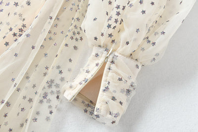 Vestido Slim Elegante con Estampado de Seda y Malla Brillante - Image 7