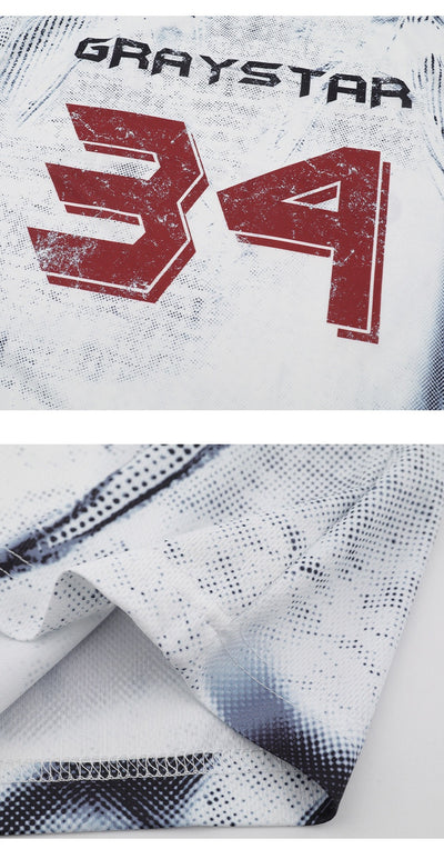 White short sleeve t-shirt with black and white abstract print, round neck, and 'GRAYSTAR' text on the front. - Image 11