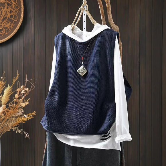 Chaleco Tejido de Algodón con Cuello Redondo Estilo Retro