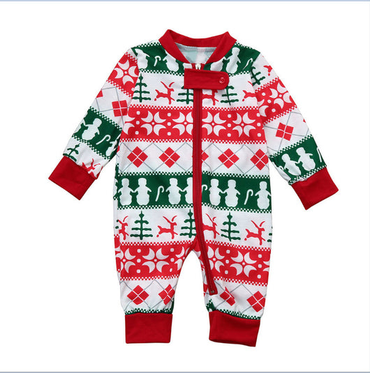 Christmas long-sleeved pajama set with red, green, and white fair isle print featuring snowmen, reindeer, and trees. - Image 21