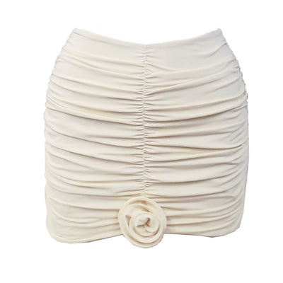 Cream ruched swim skirt for women, featuring a 3D flower embellishment at the bottom hem. - Image 7