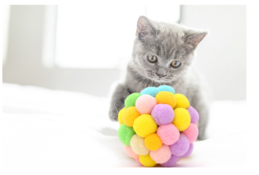 Colorful cat toy ball made of soft, pastel-colored pom-poms, including yellow, pink, purple, green, and blue. - Image 5