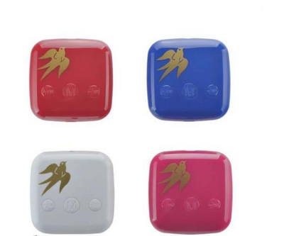 Red square TENS unit with gold bird logo, white cable, and two pink flower-shaped electrode pads for pain relief. - Image 17