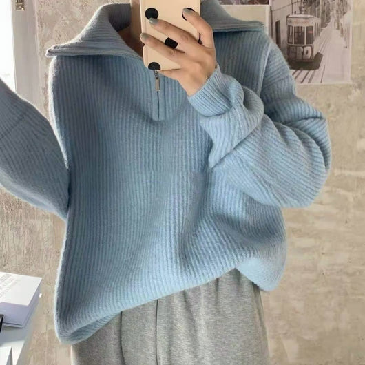 Suéter con Cuello Solapa y Cierre de Cremallera - Estilo Francés Japonés para Mujer - Image 15