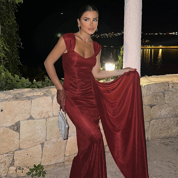 Vestido Largo Ajustado Brillante con Escote en V