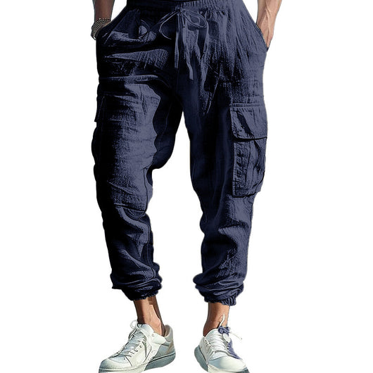 Pantalones Casuales de Algodón y Lino con Múltiples Bolsillos y Cordón Ajustable - Image 11