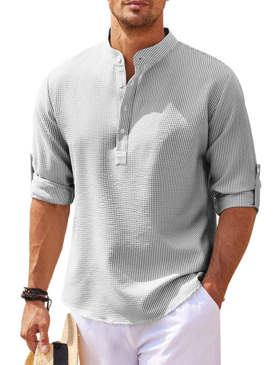 Camisa Casual Manga Larga Cuello Mao Hombre Color Sólido - Image 8