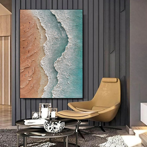 Cuadro de Playa Texturizado 3D - Pintura al Óleo Artesanal Paisaje Vacacional