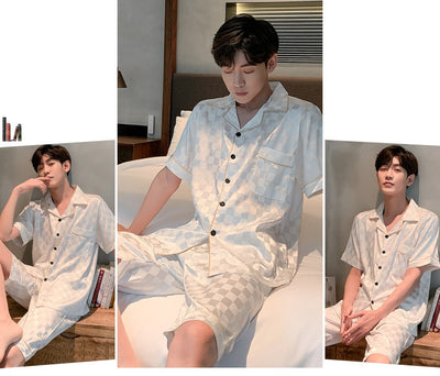 Pijama Hombre Verano Seda Hielo Talla Grande Manga Corta Jacquard Suave - Image 23