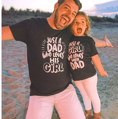 Black cotton t-shirt for dad with pink "JUST A DAD who loves HIS GIRL" text and matching baby onesie. - Image 10
