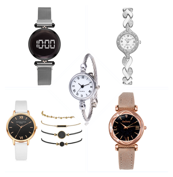 Reloj Femenino con Pulsera de Cuero PU y Juego de Brazalete Aleación