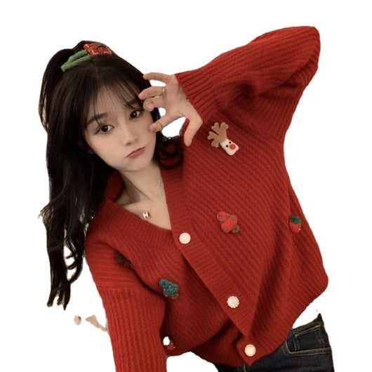 Cardigan Rojo Cuello V para Mujer - Diseño Elegante Primavera Otoño - Image 4