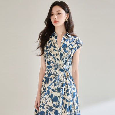 Vestido Camisero Ajustado Estampado Azul y Blanco - Image 2