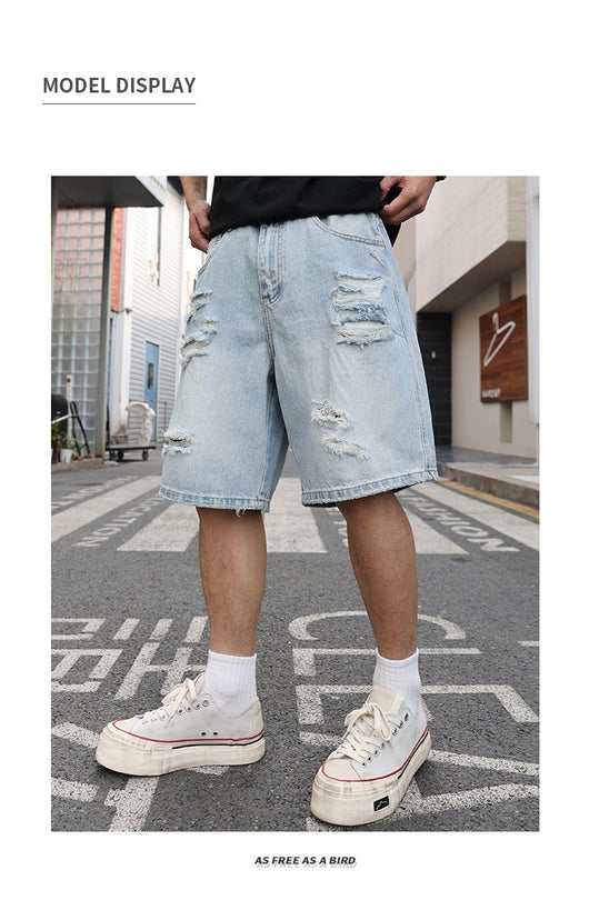 Shorts de Mezclilla Rotos Holgados Estilo Casual Desgastado - Image 8