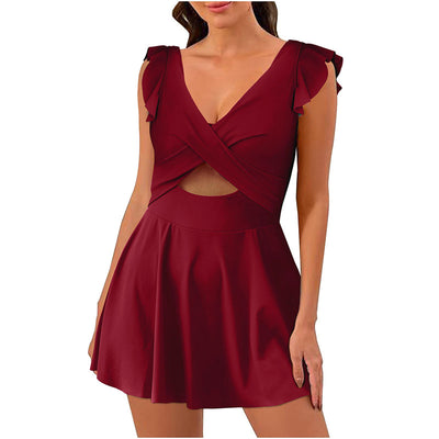 Conservative color contrast patchwork swimsuit for women, featuring a light pink criss-cross top with ruffled cap sleeves and an orange pleated skirt. - Image 14