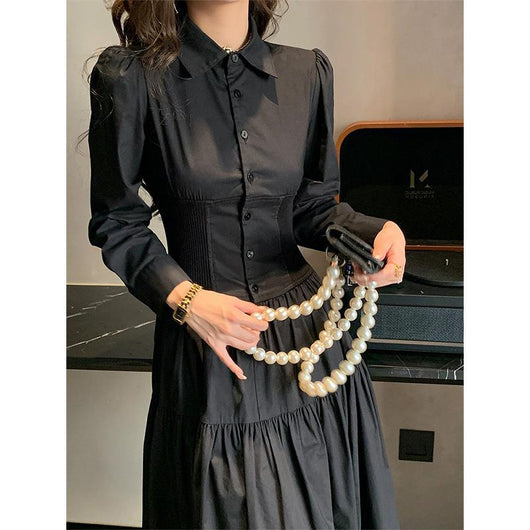 Vestido Camisero Retro Elegante Estilo Hepburn Negro - Image 13