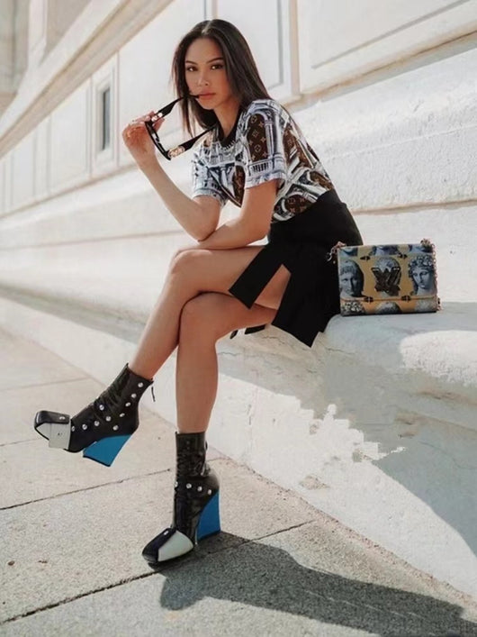 Botines Talla Grande con Tacón Cuña y Punta Cuadrada - Diseño Coordinado con Cierre - Image 10