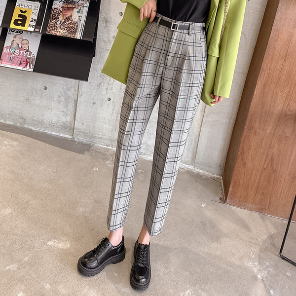 Pantalones Cuadros Mujer Corte Holgado Estilo Británico Largo 7/8