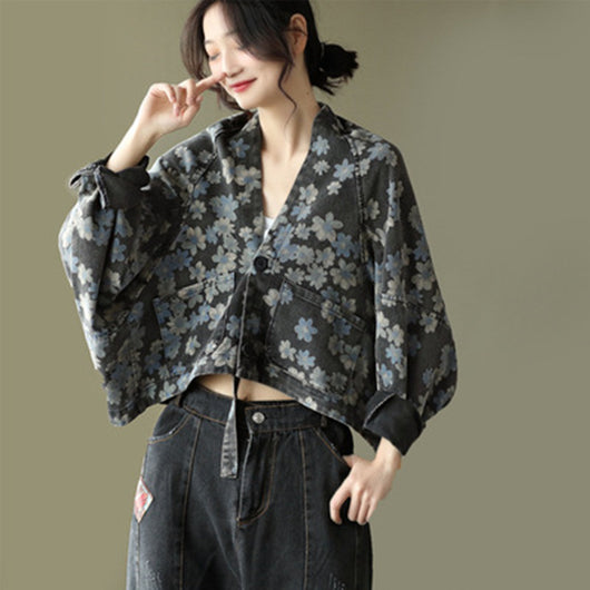 Chaqueta Denim Estampada Mujer Manga Murciélago Suelta - Image 8