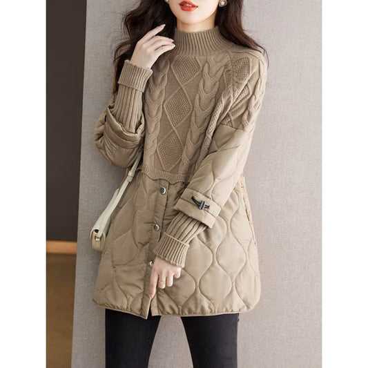 Abrigo de Invierno para Mujer con Tejido Acolchado y Combinación de Punto