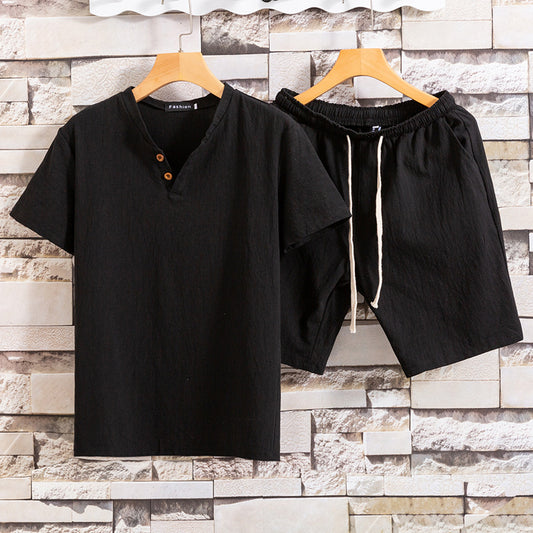 Set de Dos Camisetas de Algodón y Lino para Hombre - Colores Sólidos