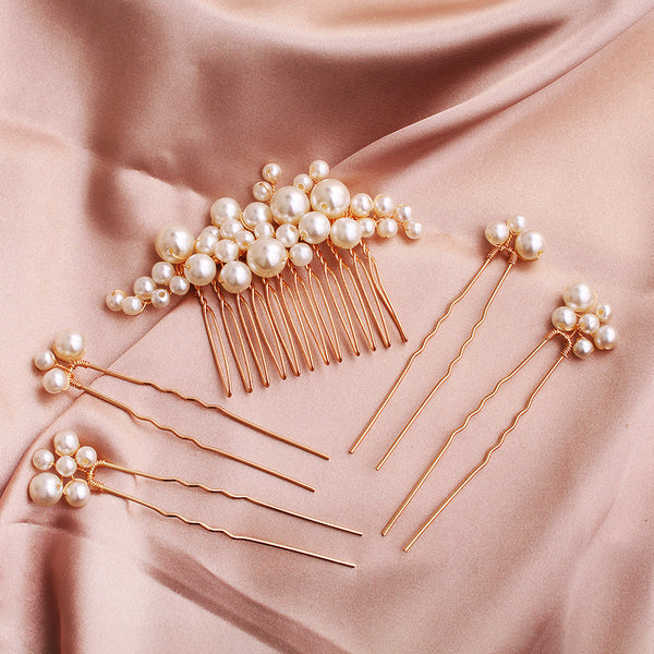 Set de Horquillas en U y Tiara con Perlas Hechas a Mano para Boda y Dama de Honor