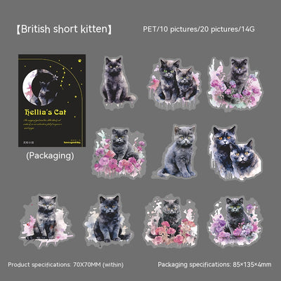 Set of die-cut PET stickers featuring various black cats with purple and blue watercolor effects, some with moons, stars, or wizard hats. - Image 7