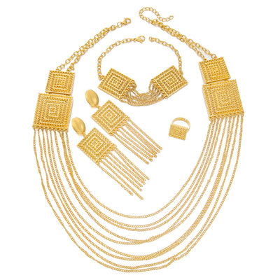 5-piece gold-plated jewelry set with multi-layered tassel necklace, matching dangle earrings, bracelet, and square ring. - Image 13