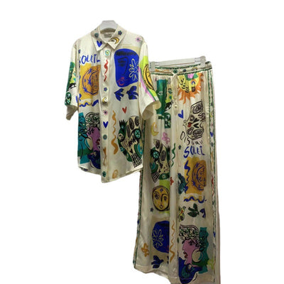 Conjunto de Blusa Satinada con Estampado Graffiti para Mujer - Image 6