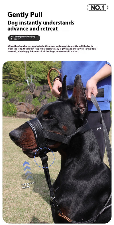 Black and brown leather and nylon dog muzzle with adjustable straps and a D-ring, shown with a size chart. - Image 12