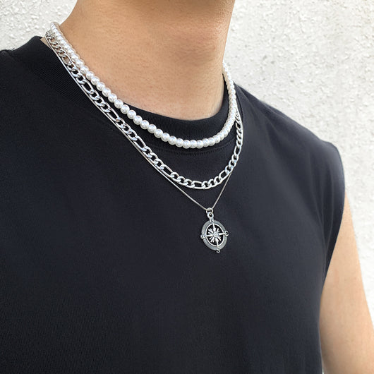 Collar Vintage con Brújula Multicapa Apilada para Hombre
