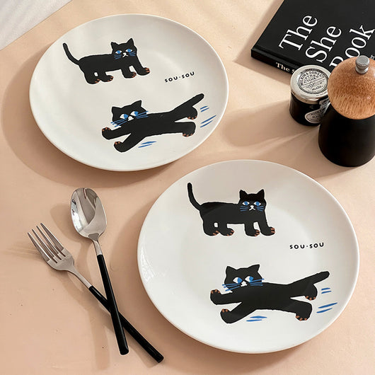 Plato de Cerámica Gato Negro - Vajilla Elegante para Desayuno y Ensalada