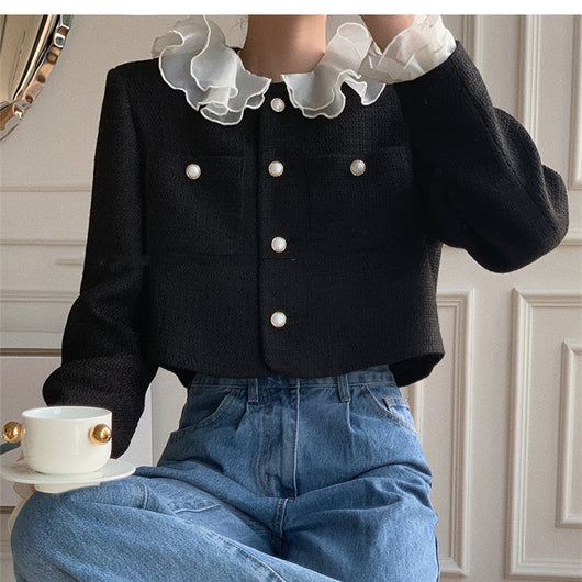 Abrigo Tweed Corto Estilo Hepburn con Volantes - Elegancia Francesa para Mujer - Image 11