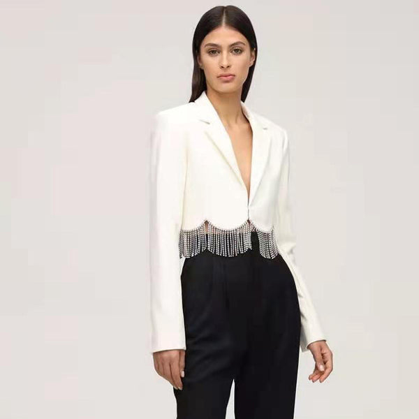 Blazer Negro para Mujer con Cadena de Diamantes y Borlas de Lujo