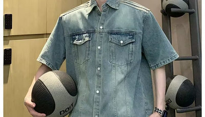 Camisa Denim Retro con Tres Rayas Laterales para Hombre - Image 31