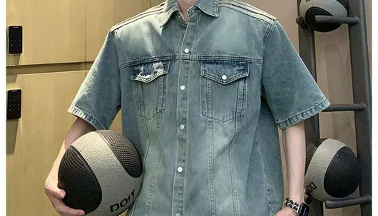 Camisa Denim Retro con Tres Rayas Laterales para Hombre - Image 31